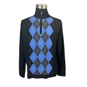 MARCO FIORI 100% Merino‎ Wool Black Blue Argyle Pattern Knit Sweater sz L flawed